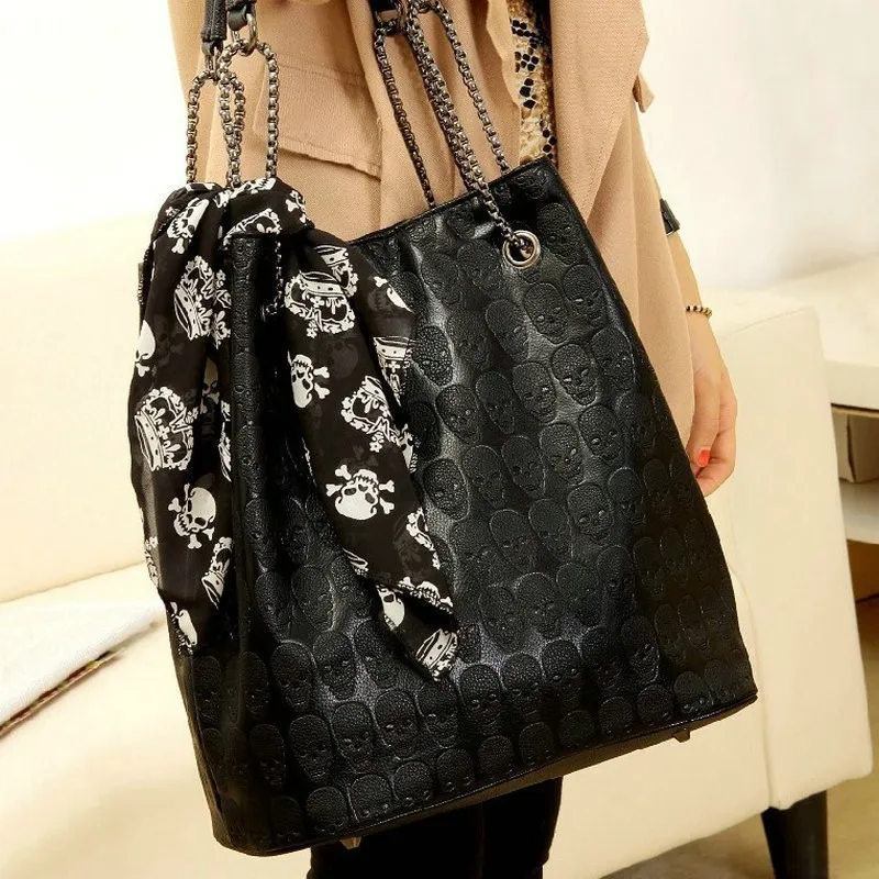 Halloween Women Fashion Gothic Skull Silk Scarf Bag Set