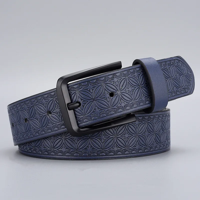 Men's Fashion Casual Vintage PU Leather Embossed Belt with Metal Buckle