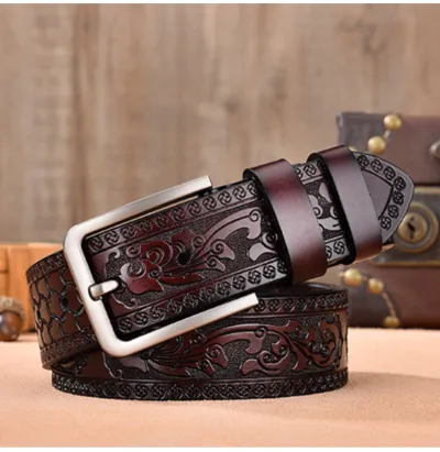 Men's Fashion Vintage Genuine Leather Rivet Metal Buckle Embossed Belt