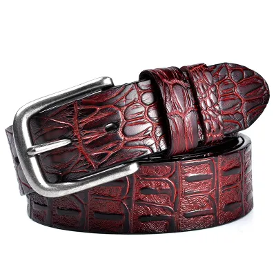Men Fashion Casual Business Vintage Solid Color Genuine Leather Crocodile Metal Buckle Belt