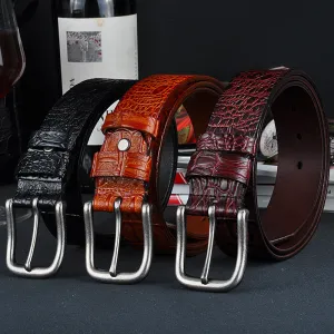 Men Fashion Casual Business Vintage Solid Color Genuine Leather Crocodile Metal Buckle Belt