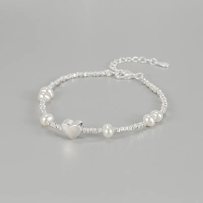 Women Fashion Pure Silver Heart Natural Pearl Bracelet