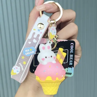 Women Fashion Cartoon Cute Creative Cone Rabbit Ice Cream Silicone Key Chain Pendant