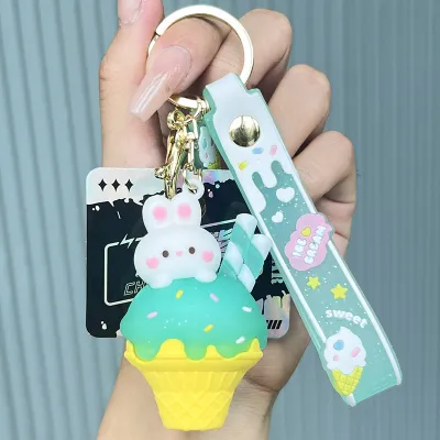 Women Fashion Cartoon Cute Creative Cone Rabbit Ice Cream Silicone Key Chain Pendant