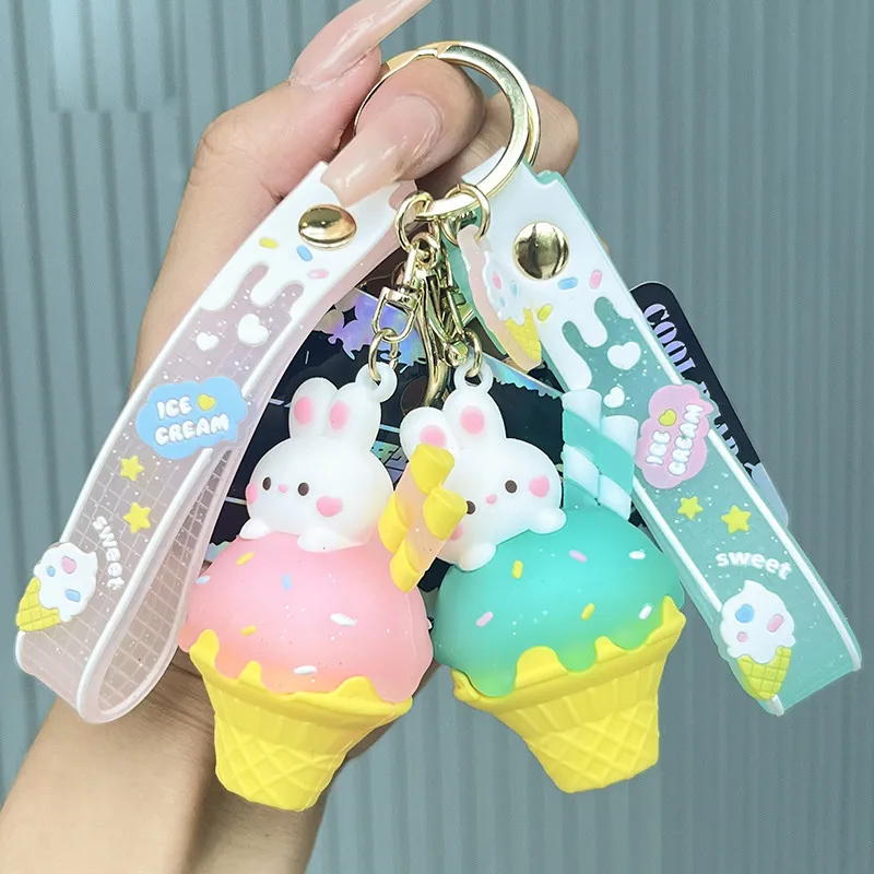Women Fashion Cartoon Cute Creative Cone Rabbit Ice Cream Silicone Key Chain Pendant