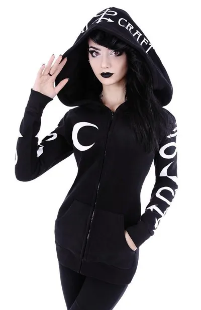 Women's Gothic Moon Letter Print Hoodie Jacket Long Sleeve Cotton Blend Slim Fit