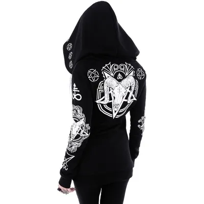 Women's Gothic Moon Letter Print Hoodie Jacket Long Sleeve Cotton Blend Slim Fit