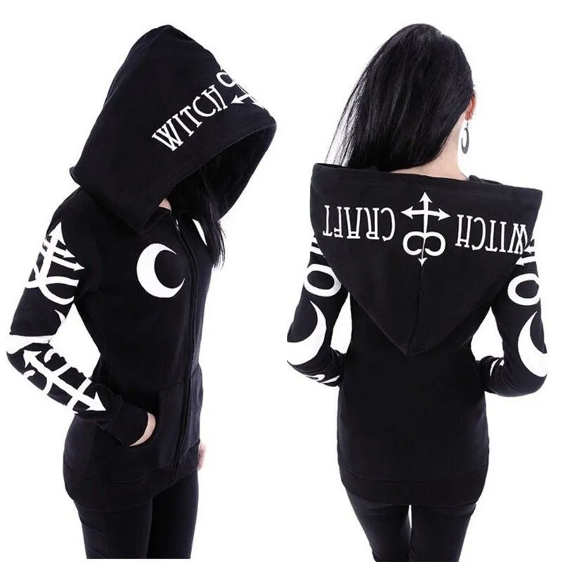 Women's Gothic Moon Letter Print Hoodie Jacket Long Sleeve Cotton Blend Slim Fit