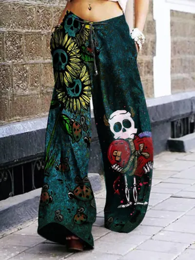 Halloween Women Fashion Gothic Cartoon Skull Head Graphic Print Casual Wide Leg Pants