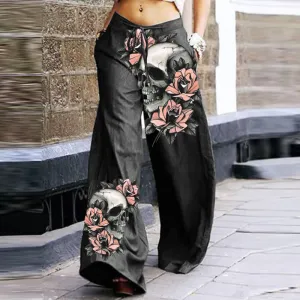 Halloween Women Fashion Gothic Cartoon Skull Head Graphic Print Casual Wide Leg Pants