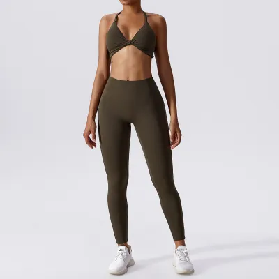 Women Casual Solid Color Yoga Tight Sports Suit with Leg-Bundled Pants