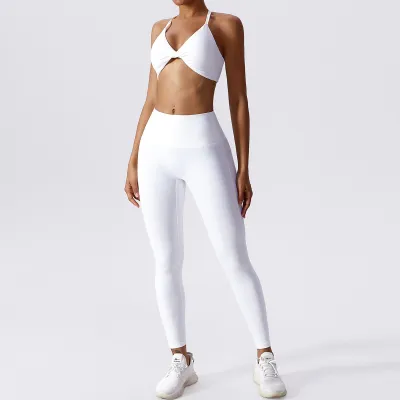Women Casual Solid Color Yoga Tight Sports Suit with Leg-Bundled Pants