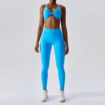Women Casual Solid Color Yoga Tight Sports Suit with Leg-Bundled Pants