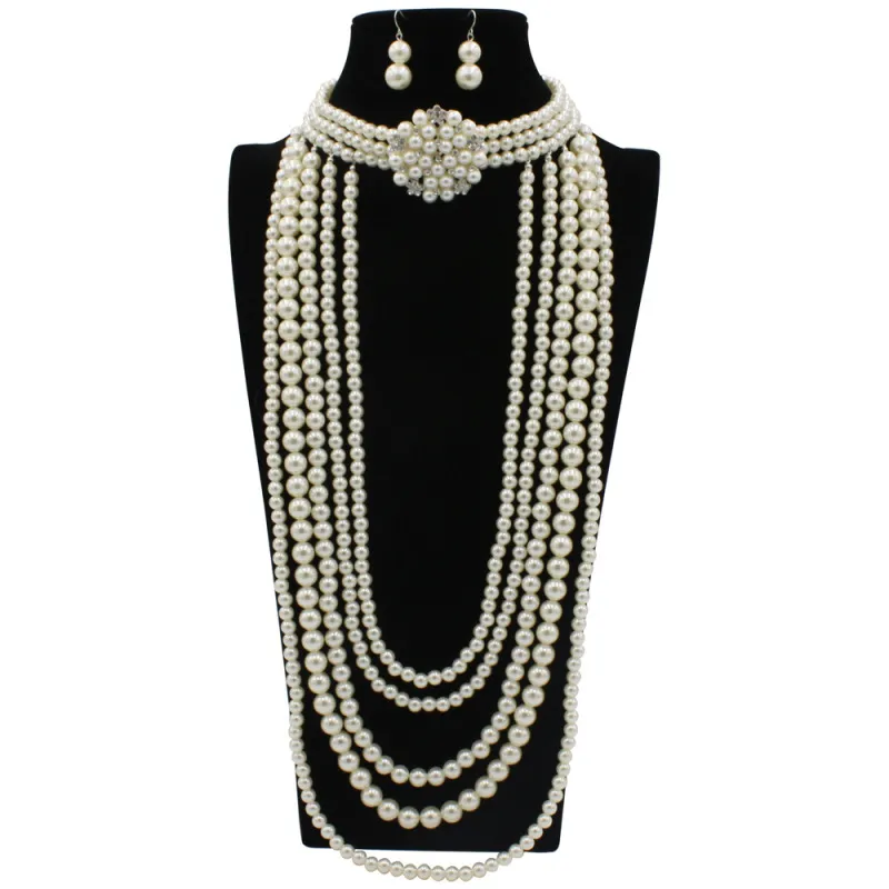 Collares De Perlas Largos Para Mujer - 150cm, Blanco Y Negro - Perlas Imitación, Multicapa