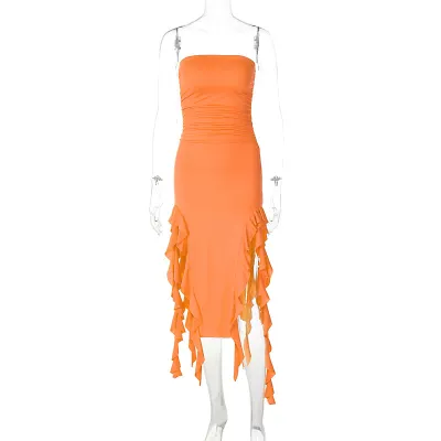 Summer Women Fashion Sexy Wrap Chest Irregular Tassel Dress
