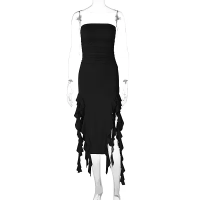 Summer Women Fashion Sexy Wrap Chest Irregular Tassel Dress