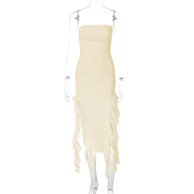 Summer Women Fashion Sexy Wrap Chest Irregular Tassel Dress