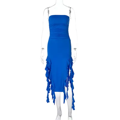 Summer Women Fashion Sexy Wrap Chest Irregular Tassel Dress