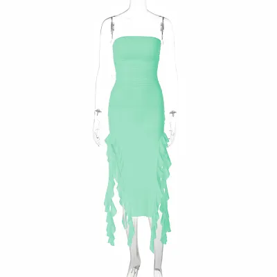 Summer Women Fashion Sexy Wrap Chest Irregular Tassel Dress