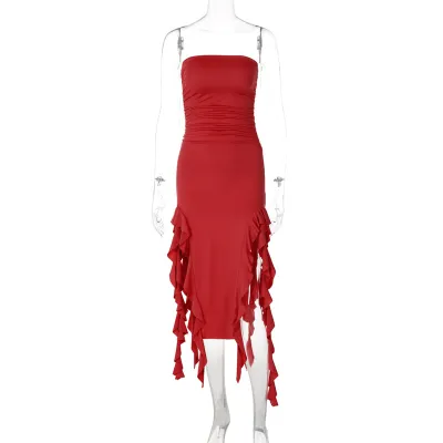 Summer Women Fashion Sexy Wrap Chest Irregular Tassel Dress