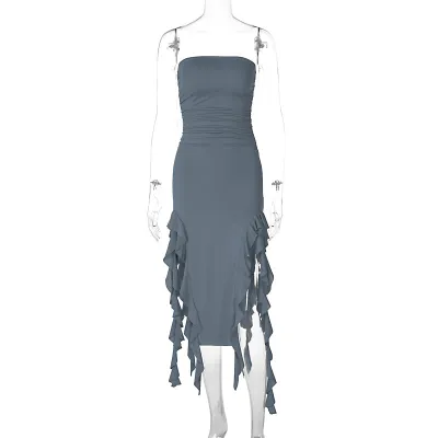 Summer Women Fashion Sexy Wrap Chest Irregular Tassel Dress