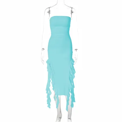 Summer Women Fashion Sexy Wrap Chest Irregular Tassel Dress