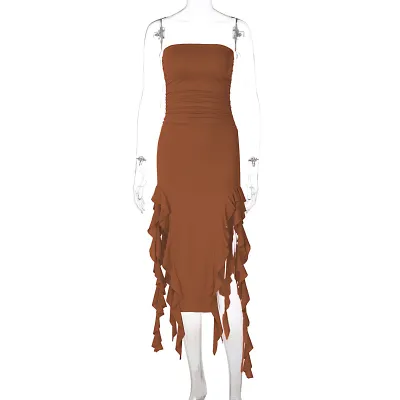 Summer Women Fashion Sexy Wrap Chest Irregular Tassel Dress
