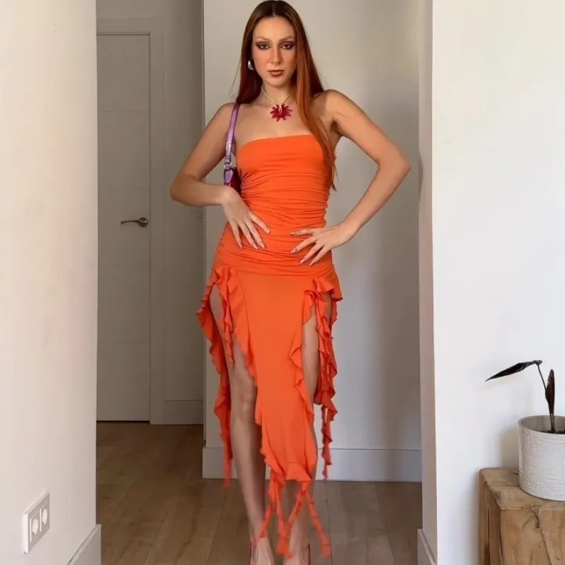 Summer Women Fashion Sexy Wrap Chest Irregular Tassel Dress