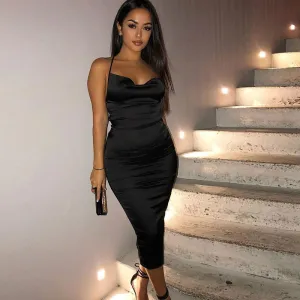 Women Fashion Sexy Satin Strap Backless Dress