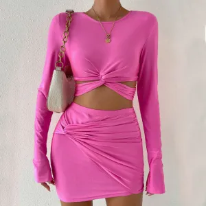 Women Fashion Long-Sleeved Knot Cropped Top Creased Skirt Two-Piece Set