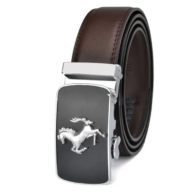 Men Fashion Casual Business Solid Color Genuine Leather Pony Metal Buckle Belt