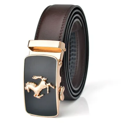 Men Fashion Casual Business Solid Color Genuine Leather Pony Metal Buckle Belt