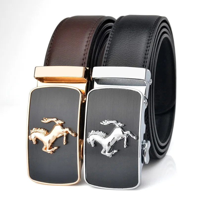 Men Fashion Casual Business Solid Color Genuine Leather Pony Metal Buckle Belt