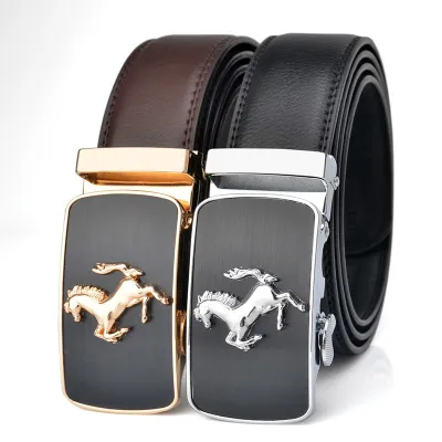 Men Fashion Casual Business Solid Color Leather Pony Metal Buckle Belt