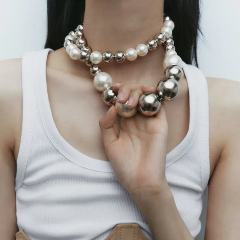 Women Fashion Exaggerated Silver White Round Pearl Double Layer Necklace
