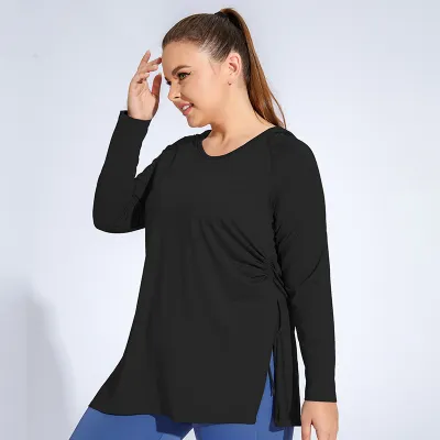 Women Plus Size Long Sleeve Yoga T-Shirt in Milk Fiber Solid Color