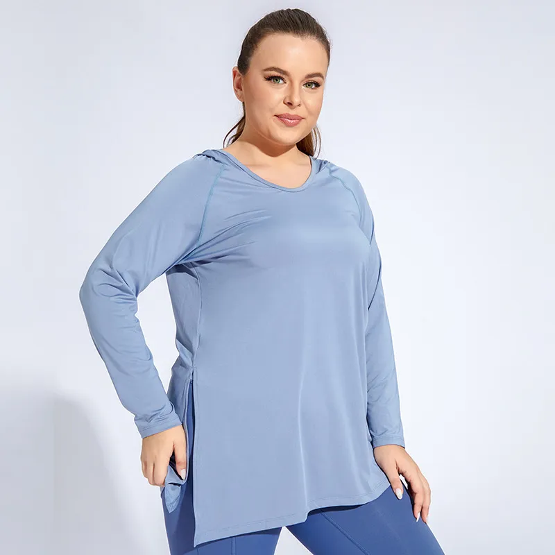Women Plus Size Long Sleeve Yoga T-Shirt in Milk Fiber Solid Color