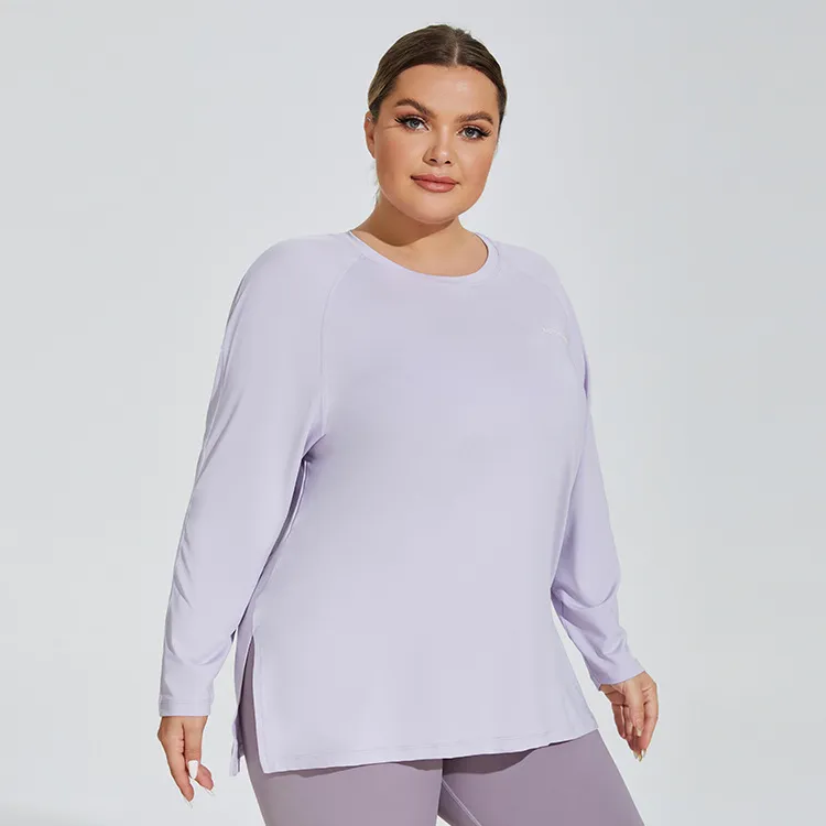 Women Plus Size Solid Color Letter Sports Long Sleeve Split Hem T-Shirt