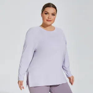 Women Plus Size Solid Color Letter Sports Long Sleeve Split Hem T-Shirt