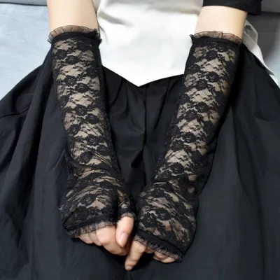 Women Fashion Dark Half-Finger Sunscreen Lace Gloves