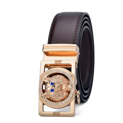 Men Fashion Casual Business Solid Color Genuine Leather Wolf Head Metal Buckle Belt