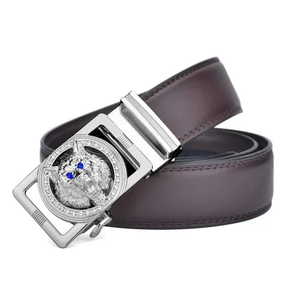 Men Fashion Casual Business Solid Color Genuine Leather Wolf Head Metal Buckle Belt