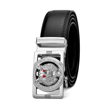 Men Fashion Casual Business Solid Color Genuine Leather Wolf Head Metal Buckle Belt