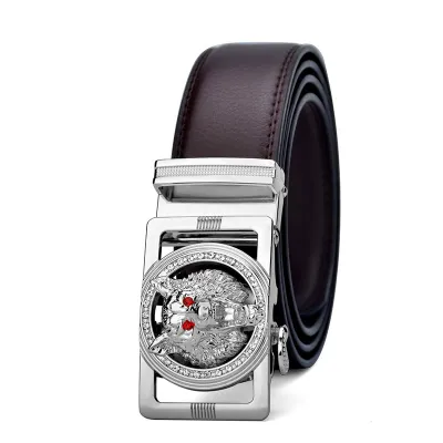 Men Fashion Casual Business Solid Color Genuine Leather Wolf Head Metal Buckle Belt