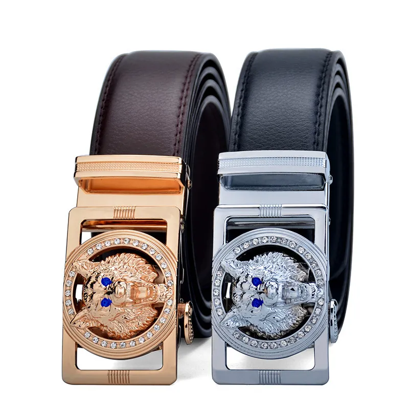 Men Fashion Casual Business Solid Color Genuine Leather Wolf Head Metal Buckle Belt