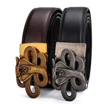 Men Fashion Casual Business Solid Color Leather Cobra Metal Buckle Belt