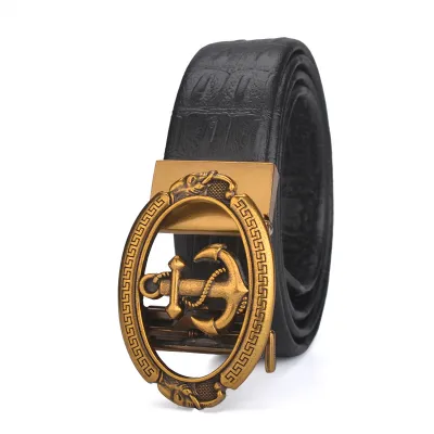Men Fashion Business Solid Color Crocodile Leather Anchor Metal Buckle Belt