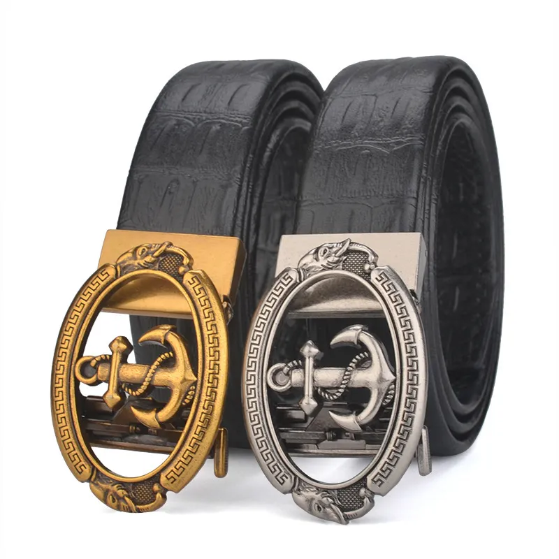 Men Fashion Business Solid Color Crocodile Leather Anchor Metal Buckle Belt