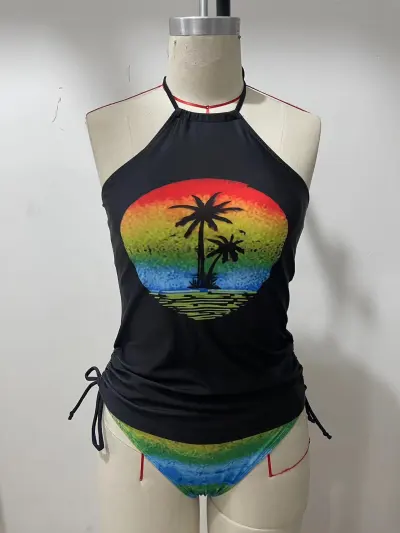 Women's Coconut Tree Letter Print Tankini Swimsuit Set