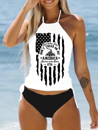 Women's Coconut Tree Letter Print Tankini Swimsuit Set